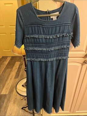 Women's vintage Denim Maxi Dress with Fringe Trim 52” length